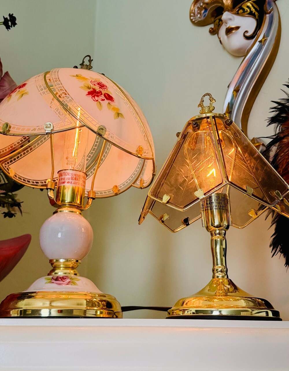 Vintage Brass Tone Touch Table Lamp with Etched Smoked Glass Panels
